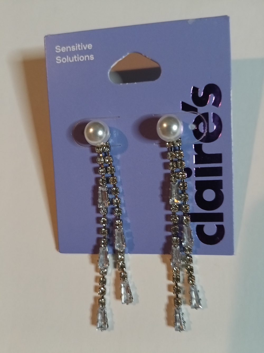 Claire's Silver Pearl Drop Crystal Chain Earrings - White